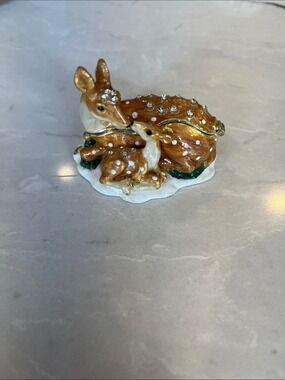 Jeweled Enamel Gold and White Deer Trinket Box